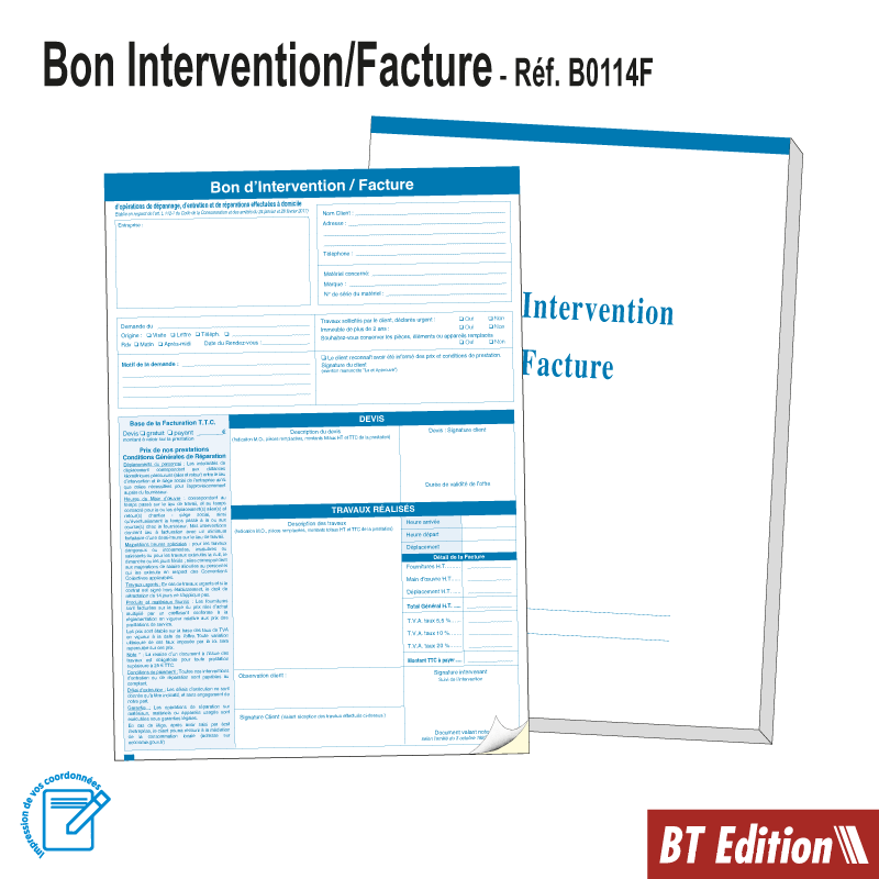 Carnet Fiche d'Intervention Légale / Facture Dupli