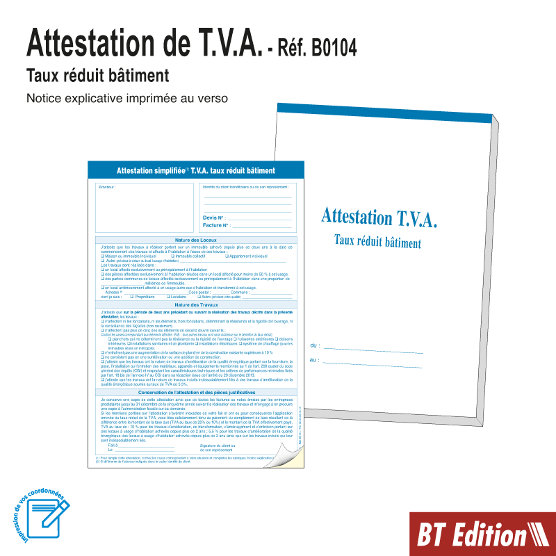 Carnet Attestation TVA taux réduit